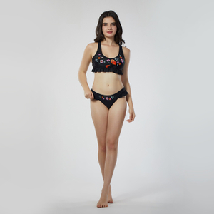 Ladies top bra bikini set with ruffles fashion embroidery print two piece swimsuit