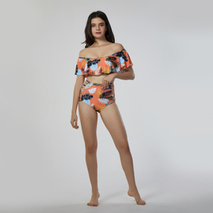 Women floral print off shoulder big ruffle swimwear high waist bottom two piece swimsuit
