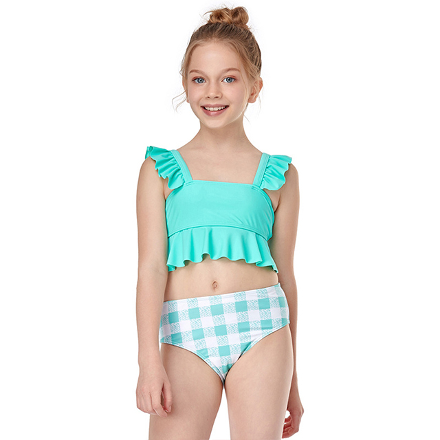 Girls' bright print big ruffles two piece kids bikini swimwear