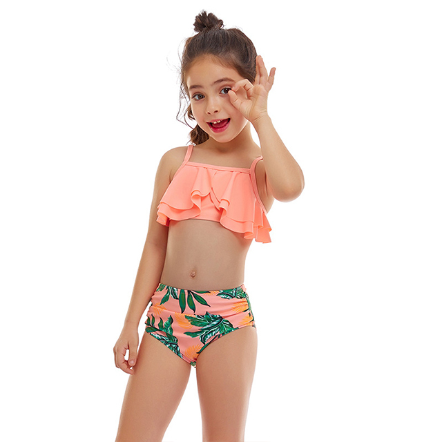 Girls big ruffles swimwear printed swimsuit bikini set