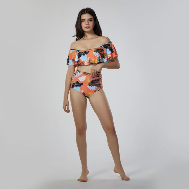 Ruffle-Strap two-piece high waist bottom floral print ladies swimwear